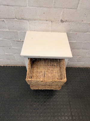 White Wooden Side Table with Wicker Basket Drawers — Fair Condition with Visible Wear