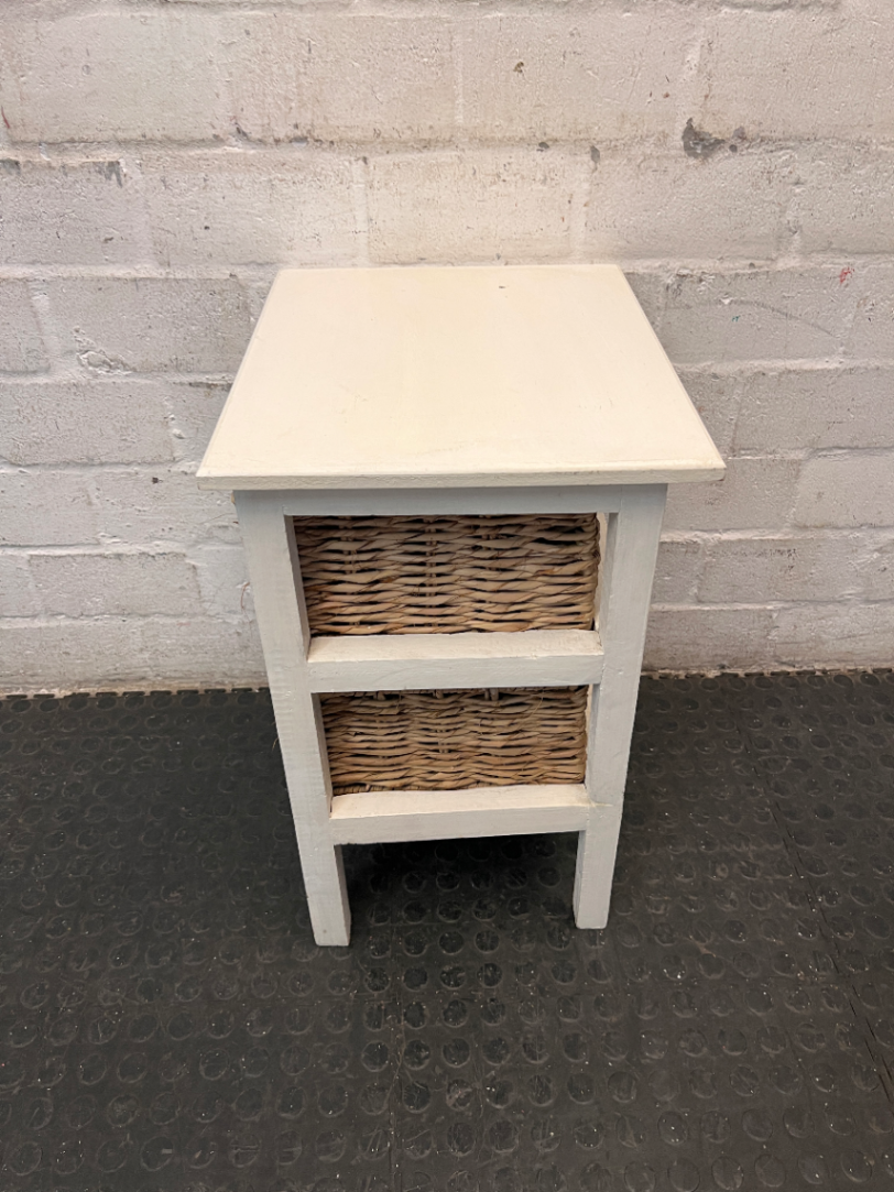 White Wooden Side Table with Wicker Basket Drawers — Fair Condition with Visible Wear