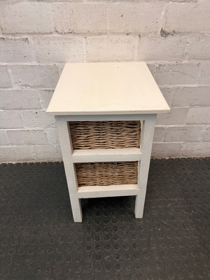 White Wooden Side Table with Wicker Basket Drawers — Fair Condition with Visible Wear