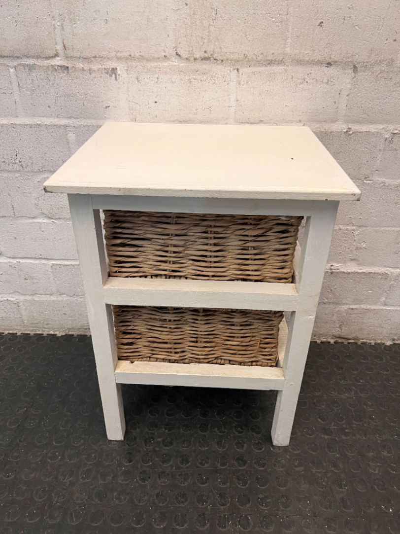 White Wooden Side Table with Wicker Basket Drawers — Fair Condition with Visible Wear