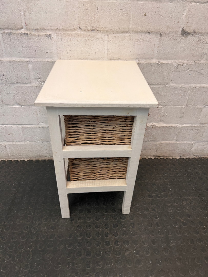White Wooden Side Table with Wicker Basket Drawers — Fair Condition with Visible Wear