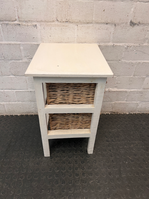 White Wooden Side Table with Wicker Basket Drawers — Fair Condition with Visible Wear