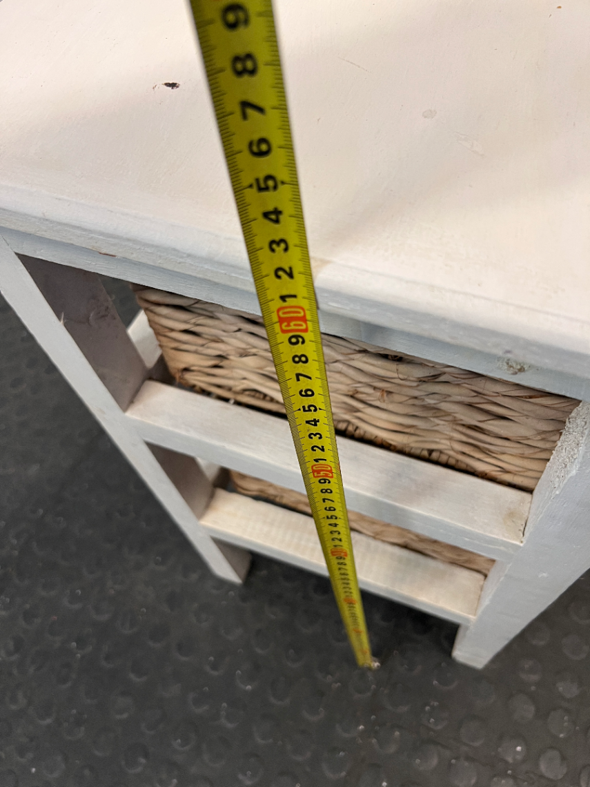 White Wooden Side Table with Wicker Basket Drawers — Fair Condition with Visible Wear