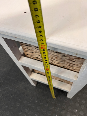 White Wooden Side Table with Wicker Basket Drawers — Fair Condition with Visible Wear