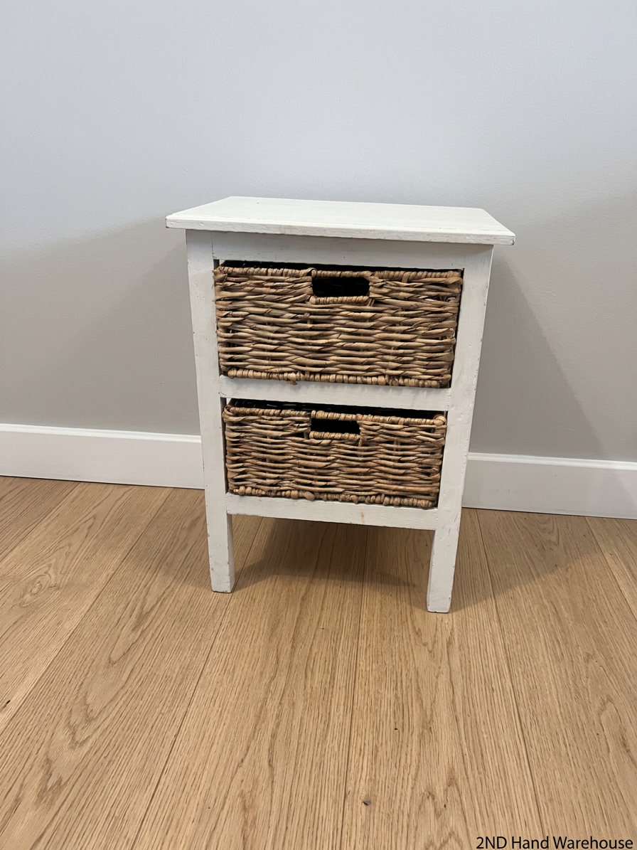 White Wooden Side Table with Wicker Basket Drawers — Fair Condition with Visible Wear