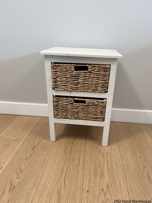 White Wooden Side Table with Wicker Basket Drawers — Fair Condition with Visible Wear