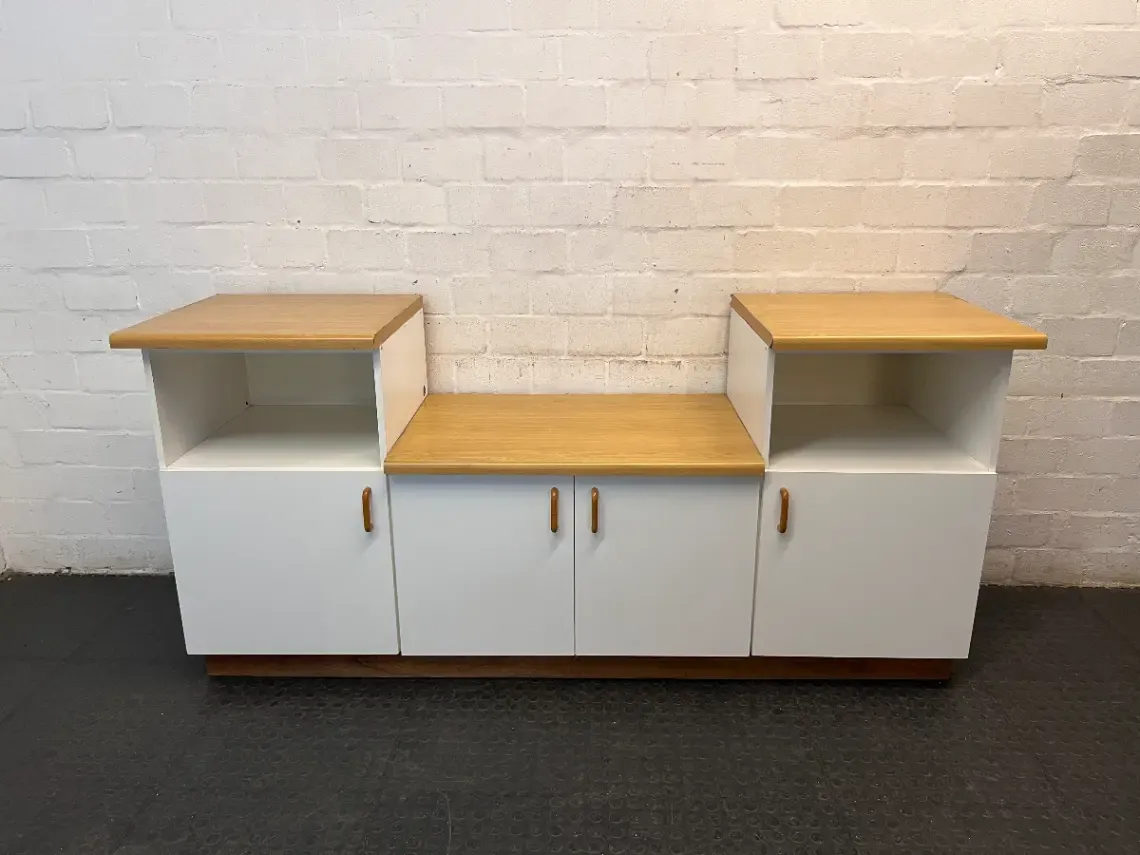 White and Oak-Toned Tiered TV Unit with Cupboards — Used; Fair Condition