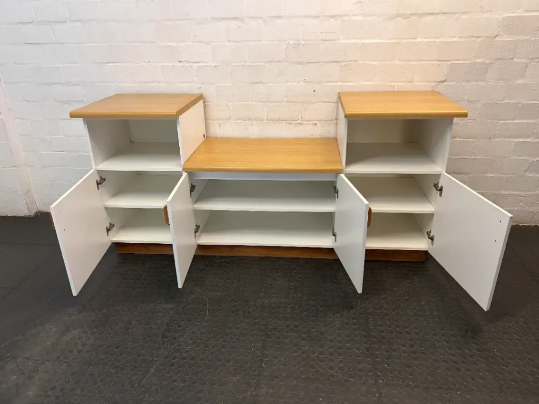 White and Oak-Toned Tiered TV Unit with Cupboards — Used; Fair Condition