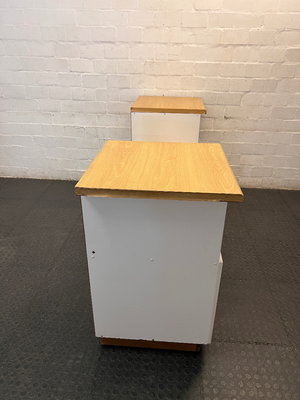 White and Oak-Toned Tiered TV Unit with Cupboards — Used; Fair Condition