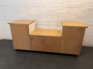 White and Oak-Toned Tiered TV Unit with Cupboards — Used; Fair Condition