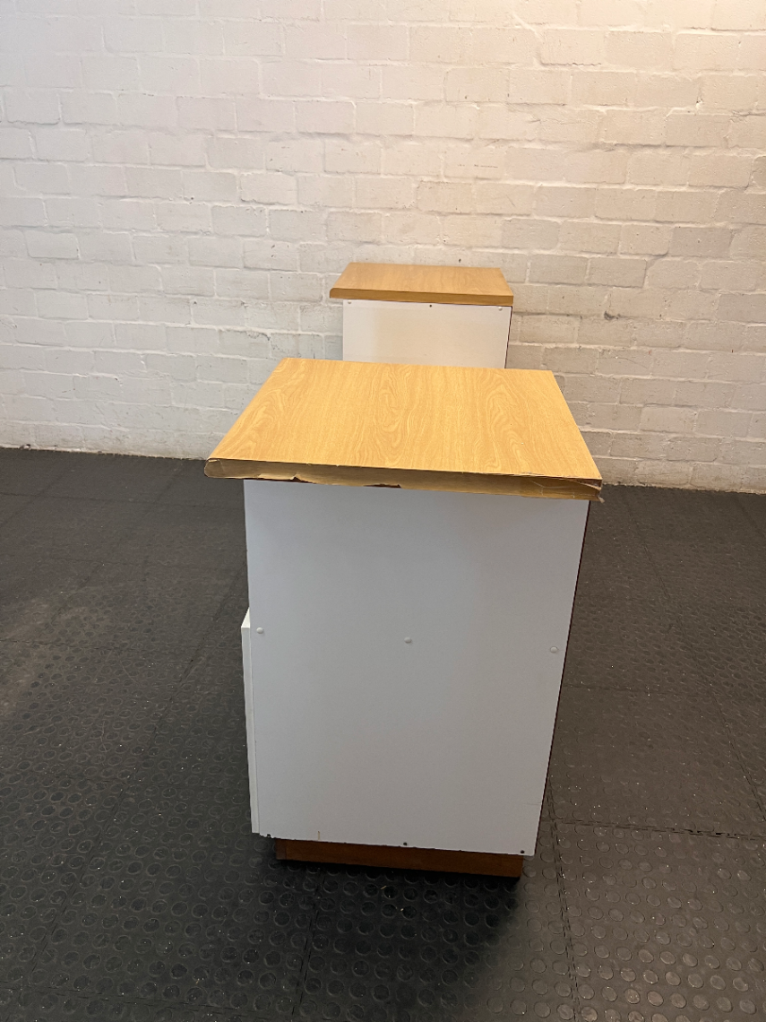 White and Oak-Toned Tiered TV Unit with Cupboards — Used; Fair Condition