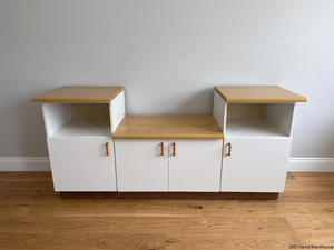 White and Oak-Toned Tiered TV Unit with Cupboards — Used; Fair Condition