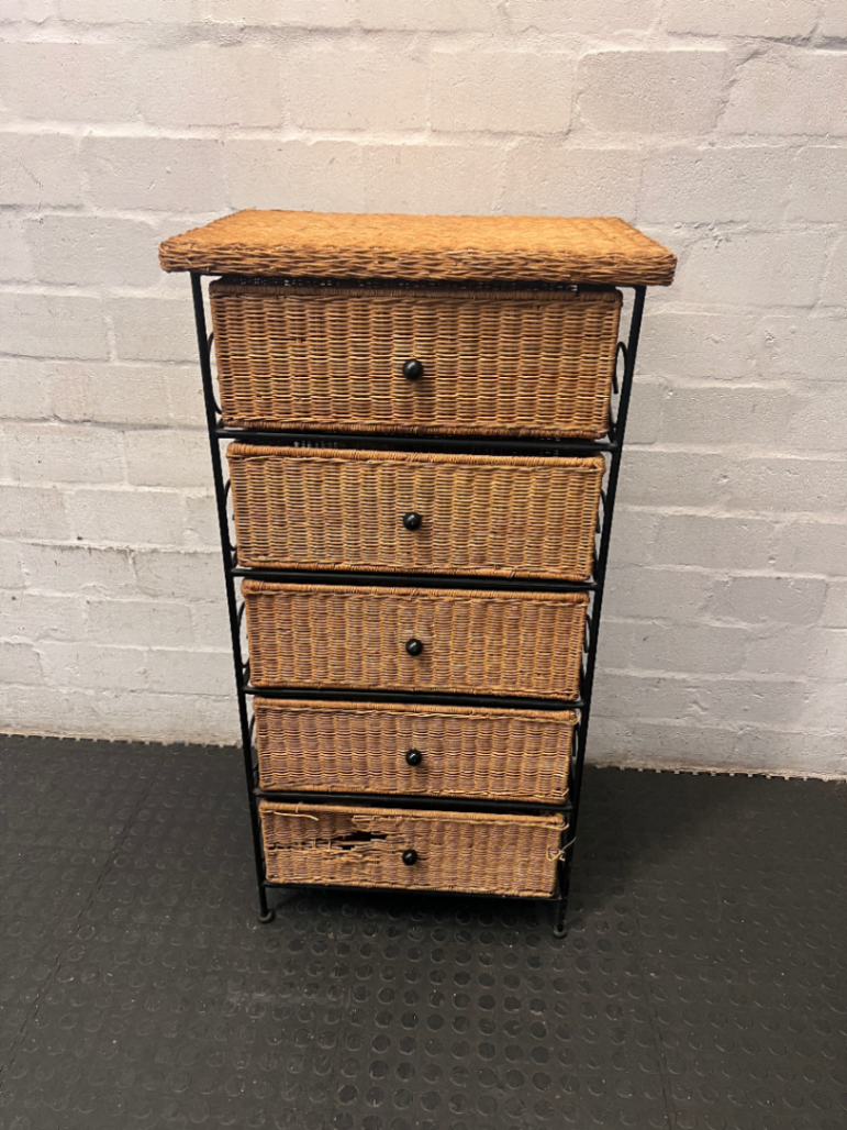 Wicker and Metal 5-Drawer Chest — Damaged Drawer and Significant Wear
