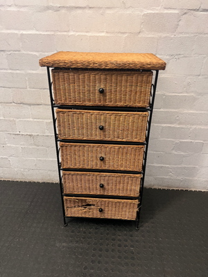 Wicker and Metal 5-Drawer Chest — Damaged Drawer and Significant Wear