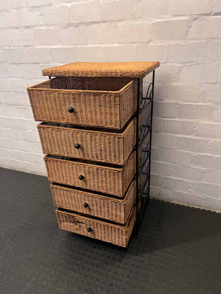 Wicker and Metal 5-Drawer Chest — Damaged Drawer and Significant Wear