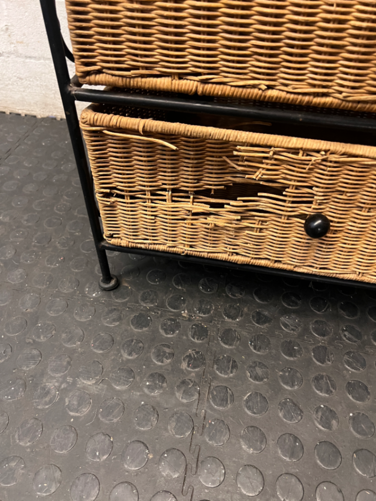 Wicker and Metal 5-Drawer Chest — Damaged Drawer and Significant Wear