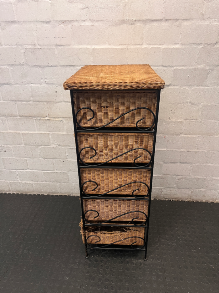 Wicker and Metal 5-Drawer Chest — Damaged Drawer and Significant Wear