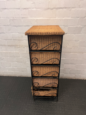Wicker and Metal 5-Drawer Chest — Damaged Drawer and Significant Wear