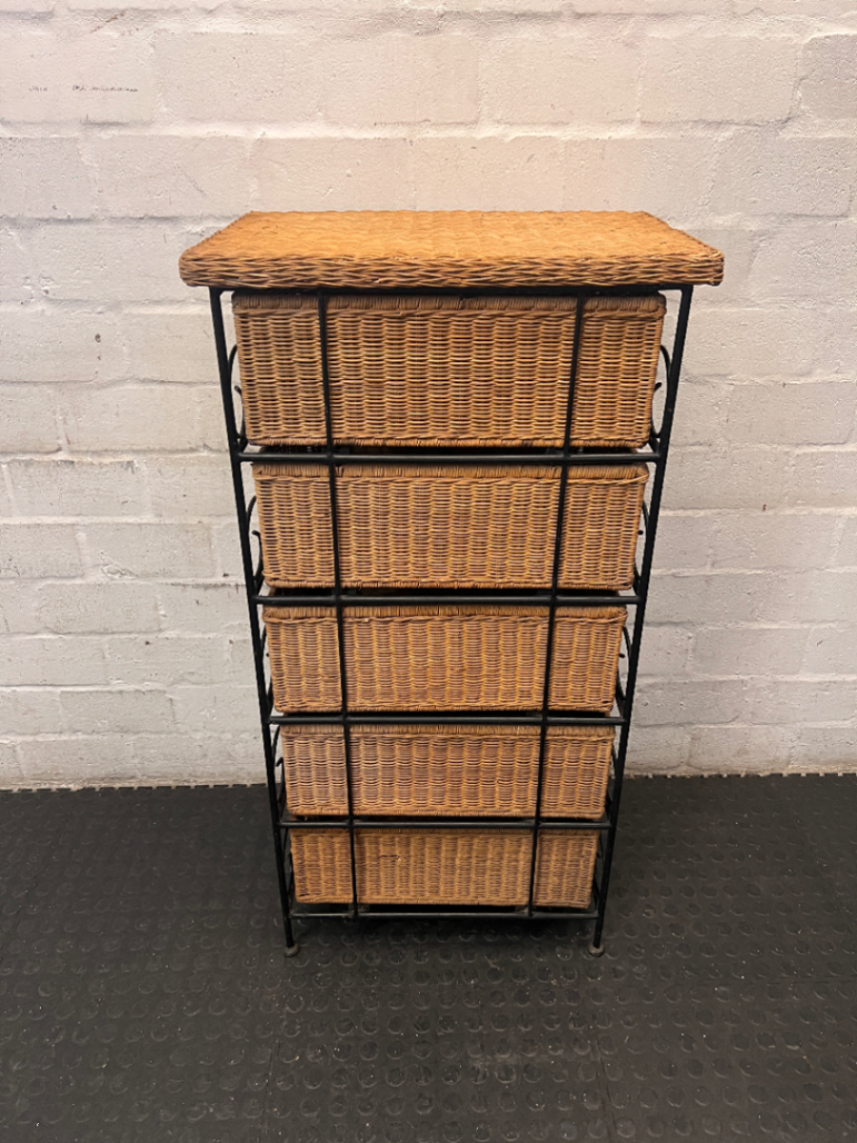 Wicker and Metal 5-Drawer Chest — Damaged Drawer and Significant Wear