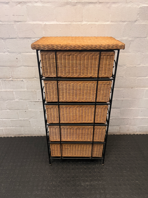 Wicker and Metal 5-Drawer Chest — Damaged Drawer and Significant Wear