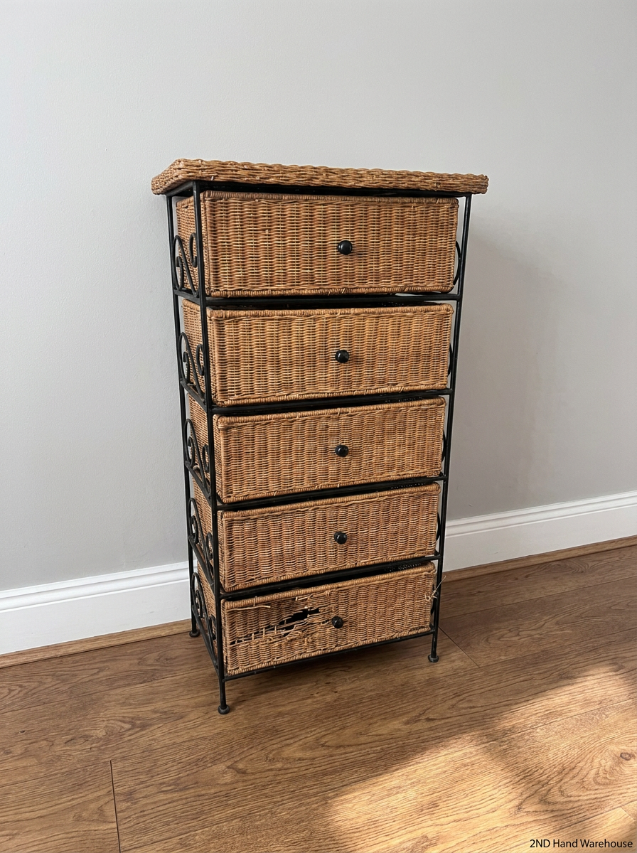 Wicker and Metal 5-Drawer Chest — Damaged Drawer and Significant Wear