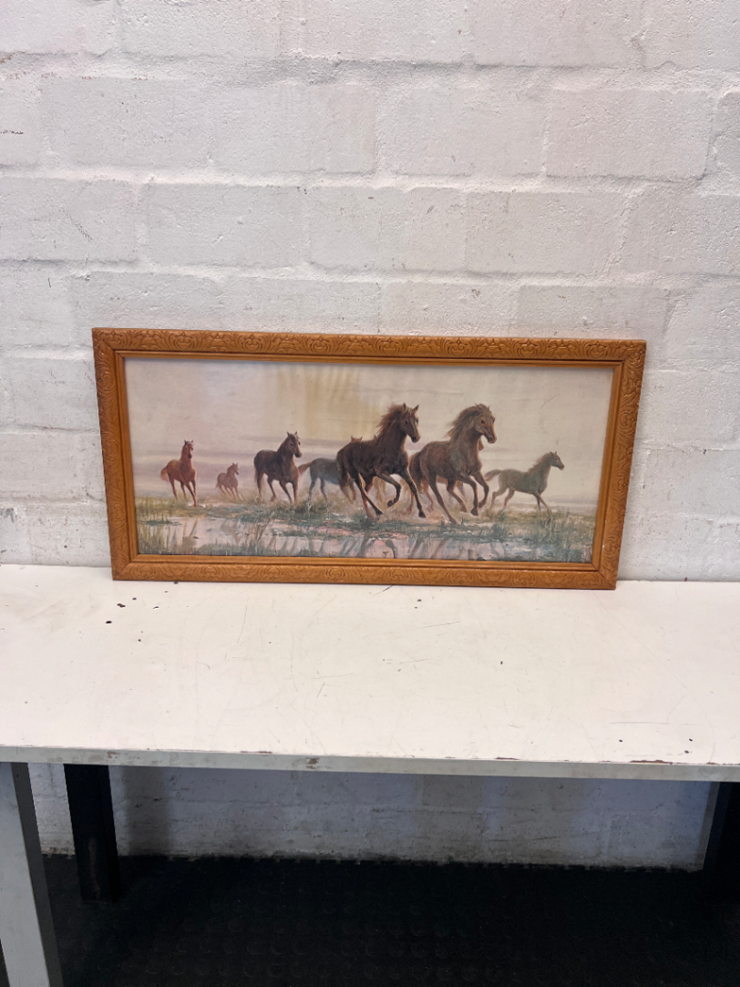 Wild Horses Framed Artwork in Ornate Frame — Visible Water Staining and Surface Scratch - 2ndhandwarehouse.com