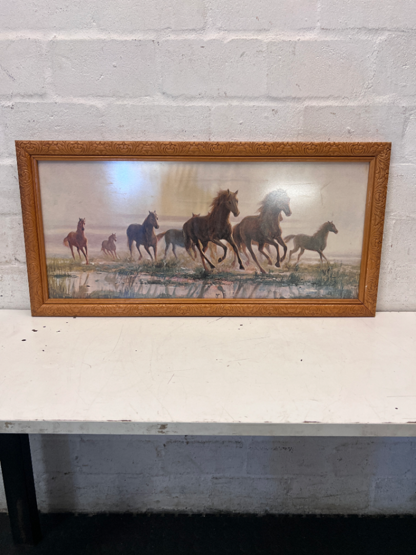Wild Horses Framed Artwork in Ornate Frame — Visible Water Staining and Surface Scratch - 2ndhandwarehouse.com