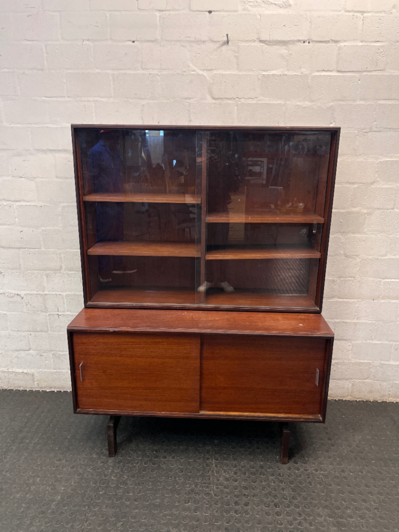 Wood-Finish Display Cabinet with Sliding Glass Doors — Clean and Well-Maintained