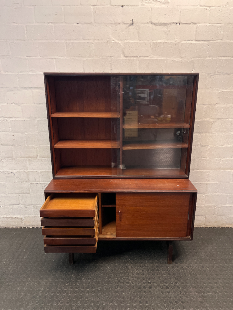Wood-Finish Display Cabinet with Sliding Glass Doors — Clean and Well-Maintained