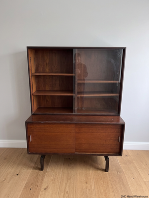 Wood-Finish Display Cabinet with Sliding Glass Doors — Clean and Well-Maintained