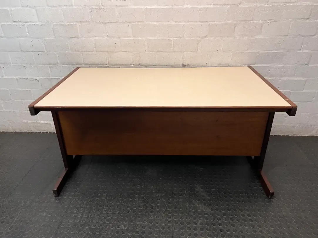Wood-Toned Office Desk with Light Top — Solid Imbuia Desk with Missing Drawer