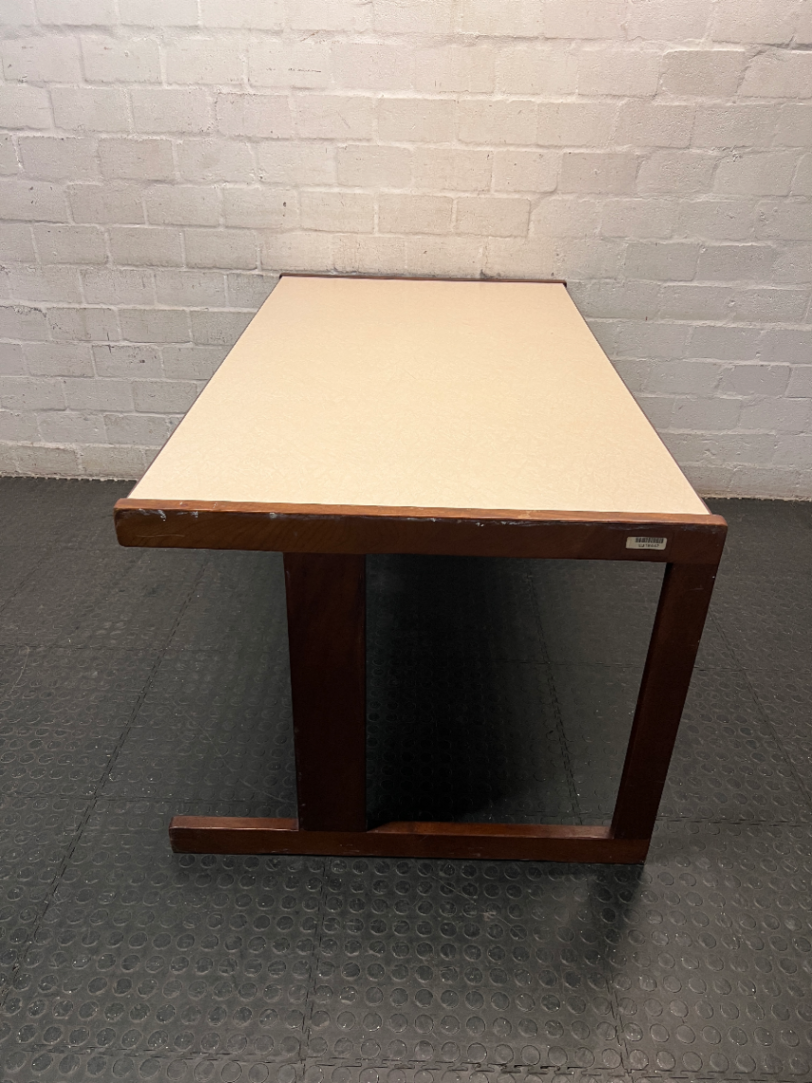 Wood-Toned Office Desk with Light Top — Solid Imbuia Desk with Missing Drawer