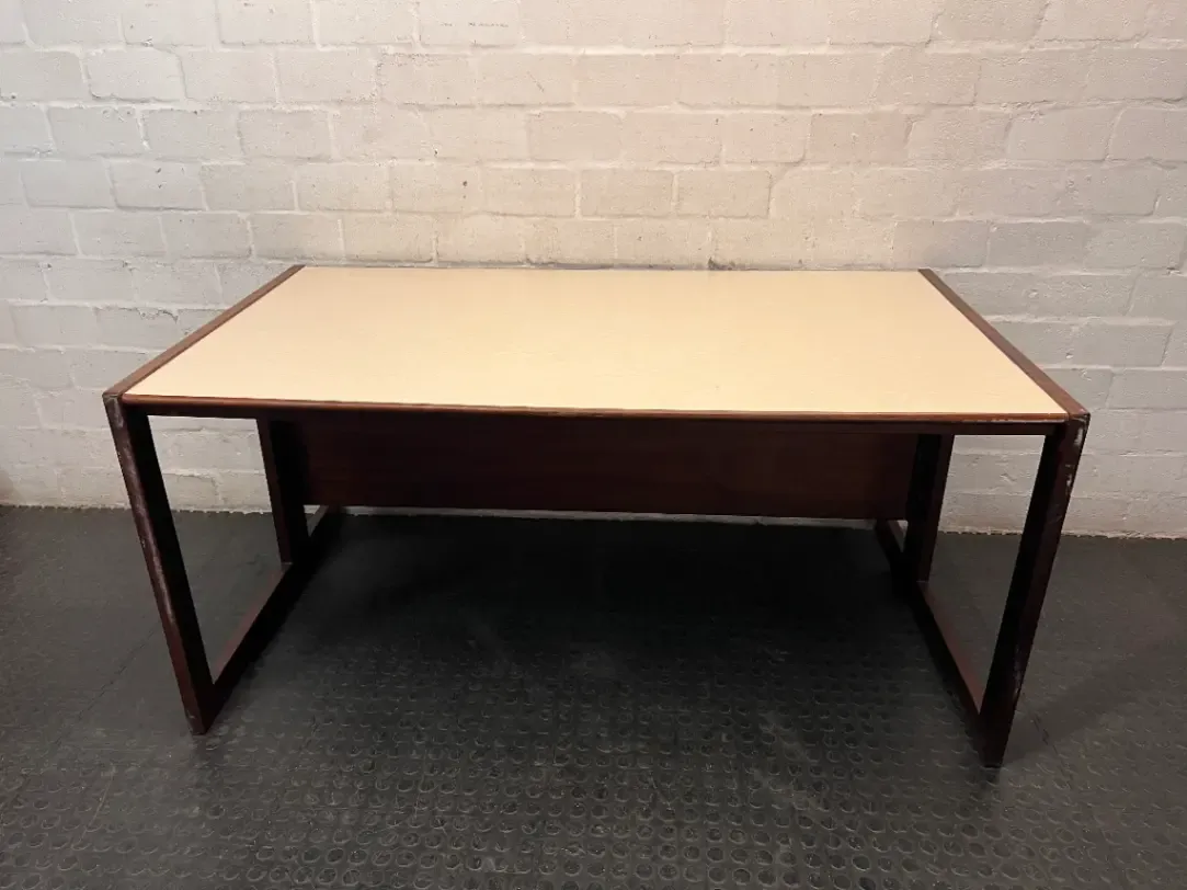 Wood-Toned Office Desk with Light Top — Solid Imbuia Desk with Missing Drawer