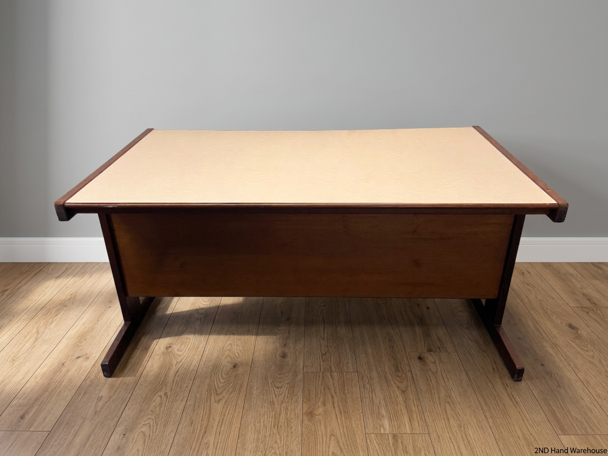 Wood-Toned Office Desk with Light Top — Solid Imbuia Desk with Missing Drawer