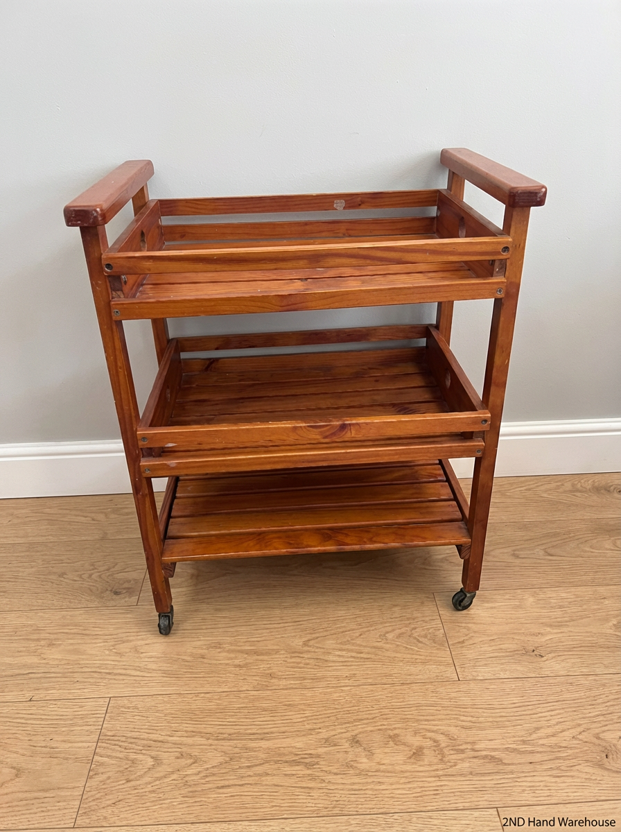 Wooden 3-Tier Rolling Kitchen Trolley - Well Used Condition - 2ndhandwarehouse.com