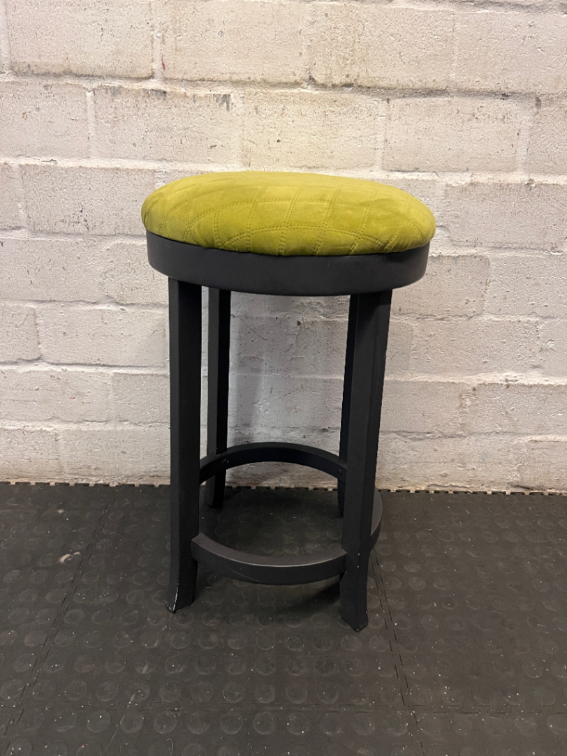 Wooden Bar Stool with Green Quilted Seat - Fair Condition - 2ndhandwarehouse.com