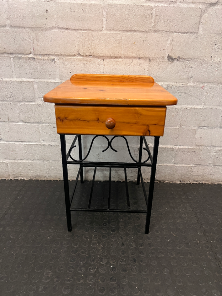 Wooden Bedside Table with Black Metal Base