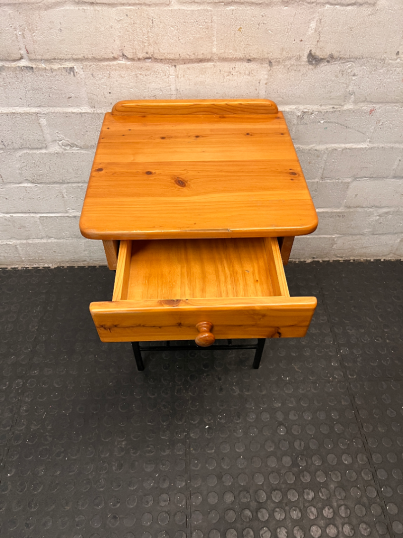 Wooden Bedside Table with Black Metal Base