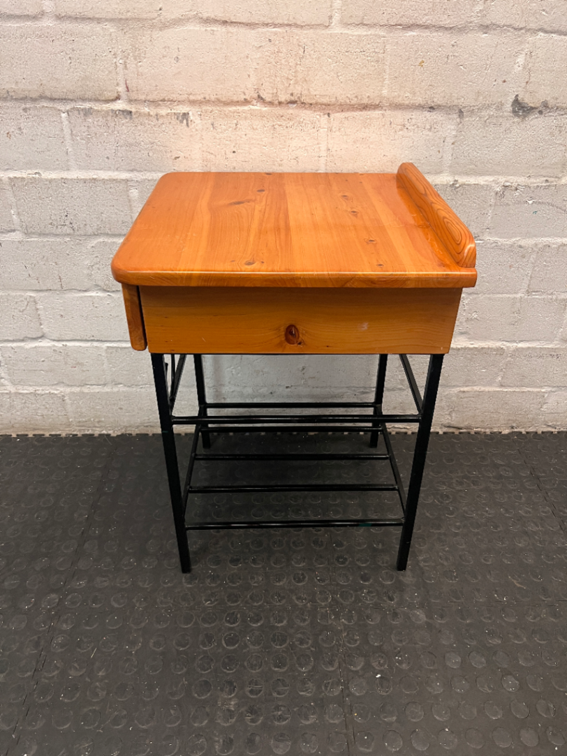 Wooden Bedside Table with Black Metal Base