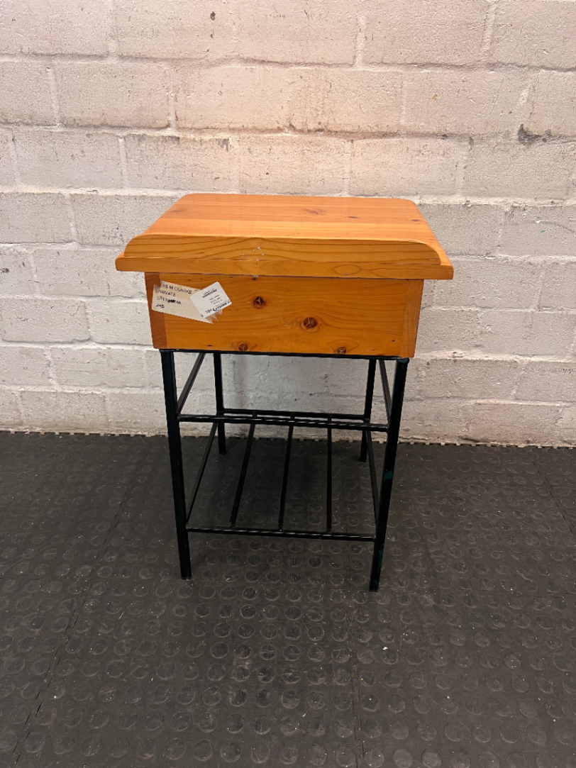 Wooden Bedside Table with Black Metal Base