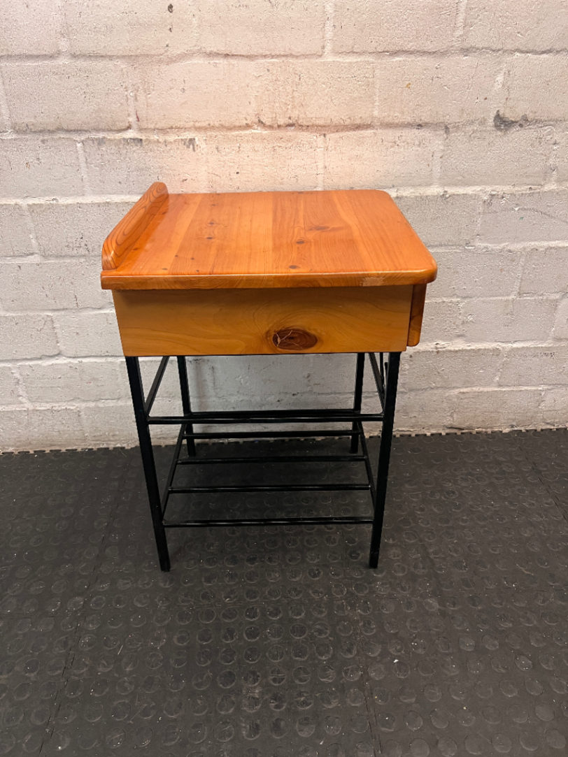 Wooden Bedside Table with Black Metal Base