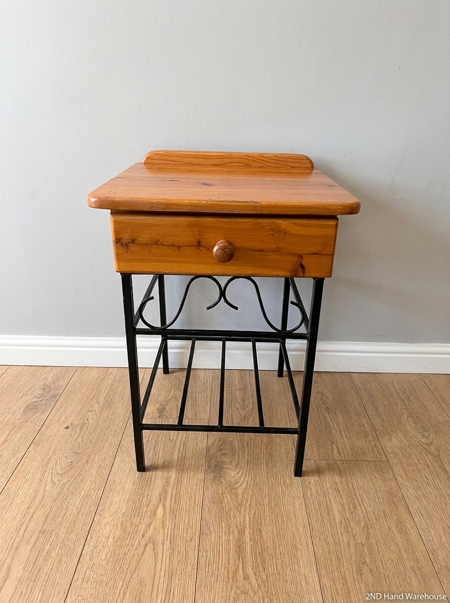 Wooden Bedside Table with Black Metal Base