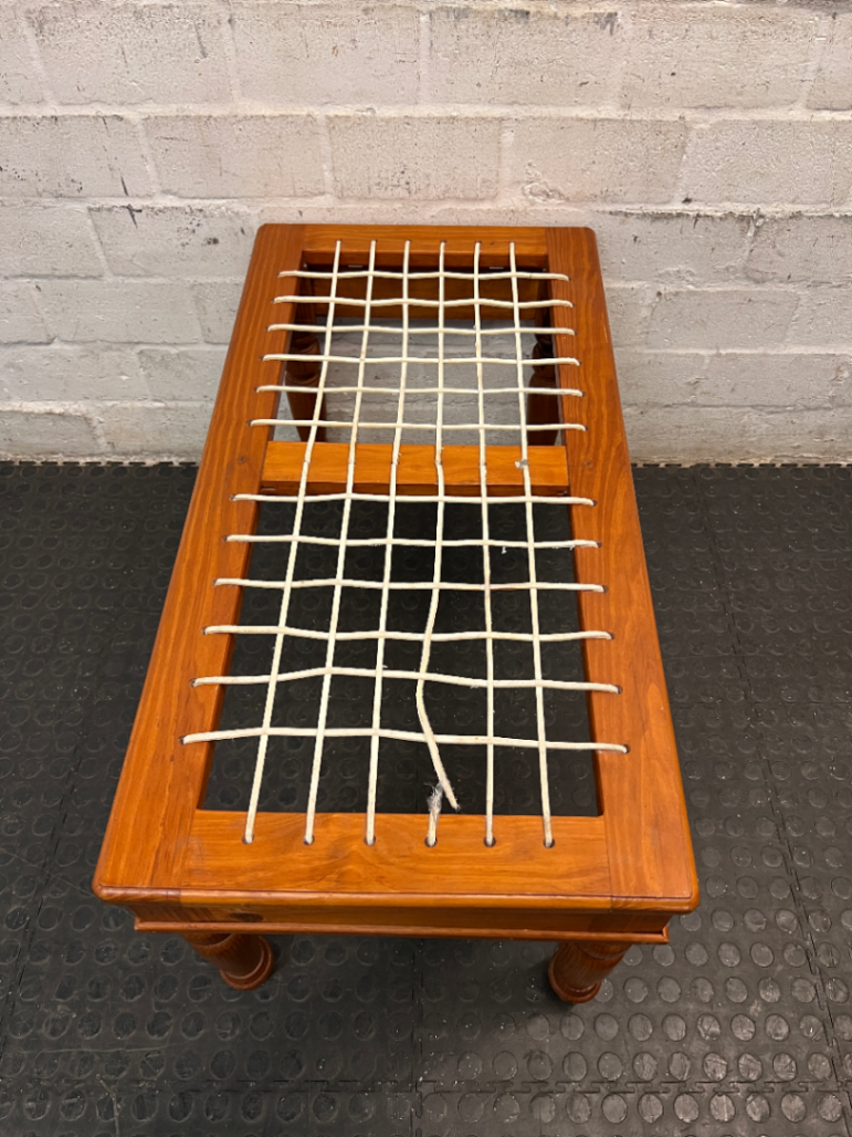 Wooden Bench with Traditional Leather Riempie Seat — Broken Riempie Strand