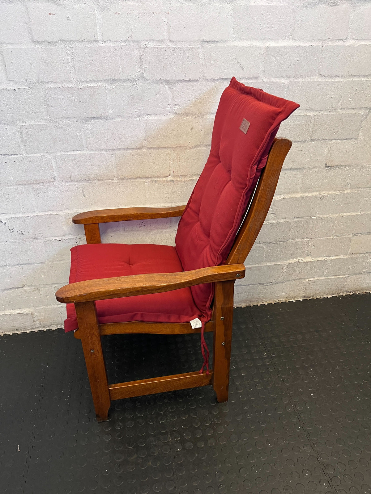 Wooden Dining Chair With A Cozy Red Upholstered Cushion