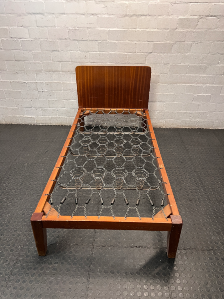 Wooden Single Bed Frame with Spring Base — Worn and Old Condition