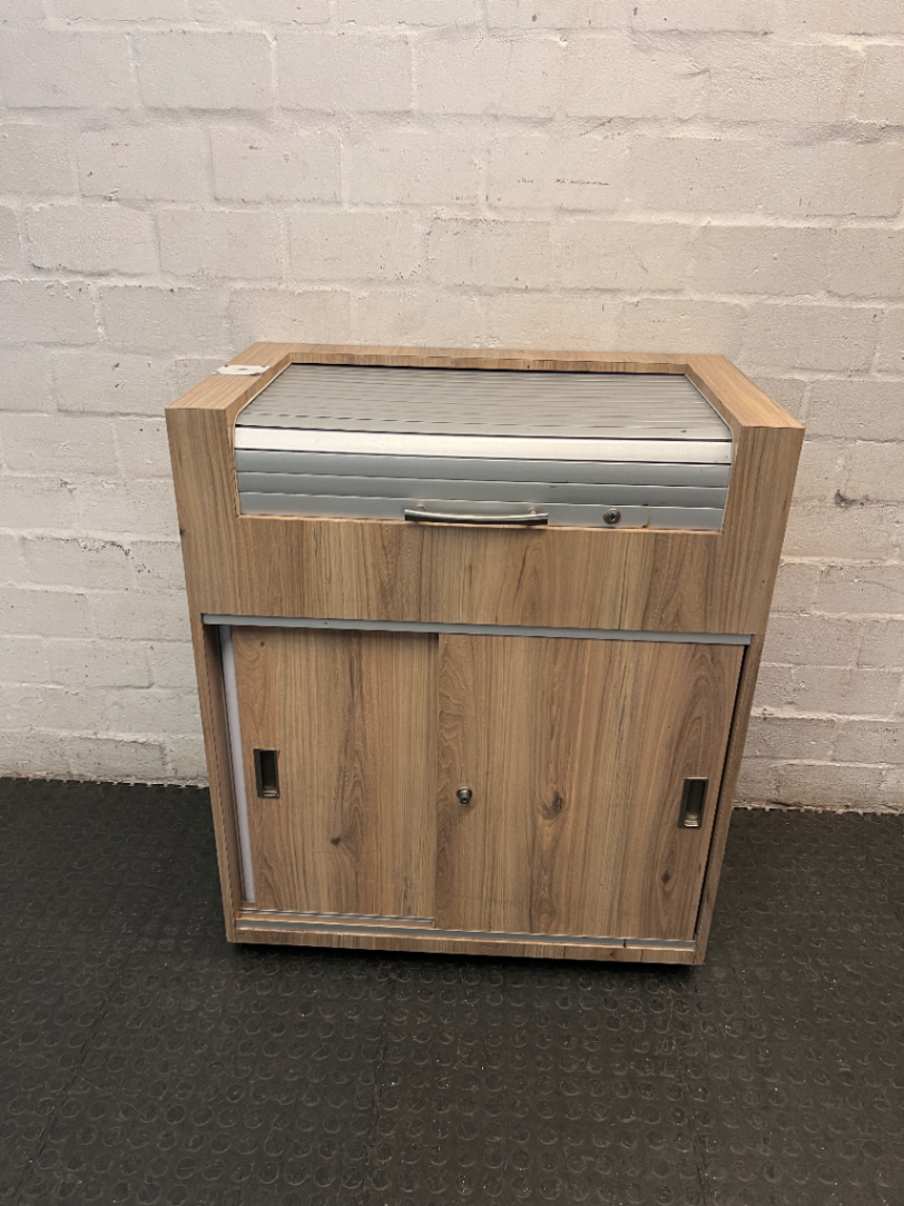 Wooden Storage Cabinet with Roller Shutter & Sliding Doors — Well Used Condition