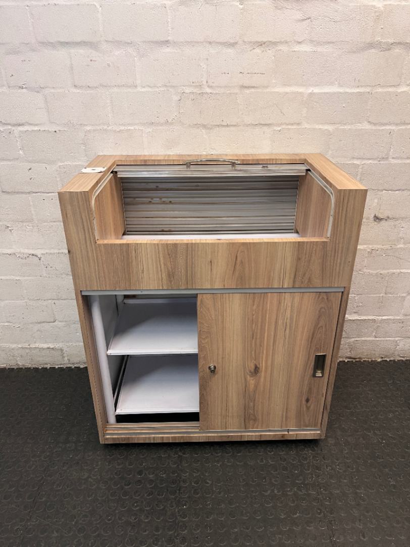 Wooden Storage Cabinet with Roller Shutter & Sliding Doors — Well Used Condition