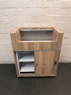 Wooden Storage Cabinet with Roller Shutter & Sliding Doors — Well Used Condition