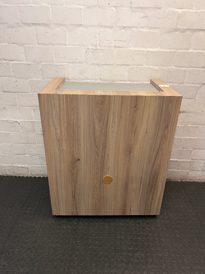 Wooden Storage Cabinet with Roller Shutter & Sliding Doors — Well Used Condition