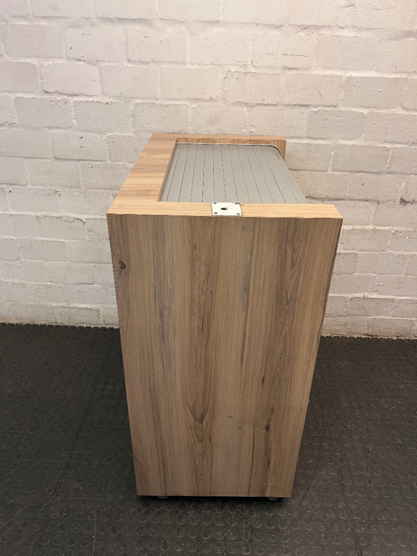 Wooden Storage Cabinet with Roller Shutter & Sliding Doors — Well Used Condition